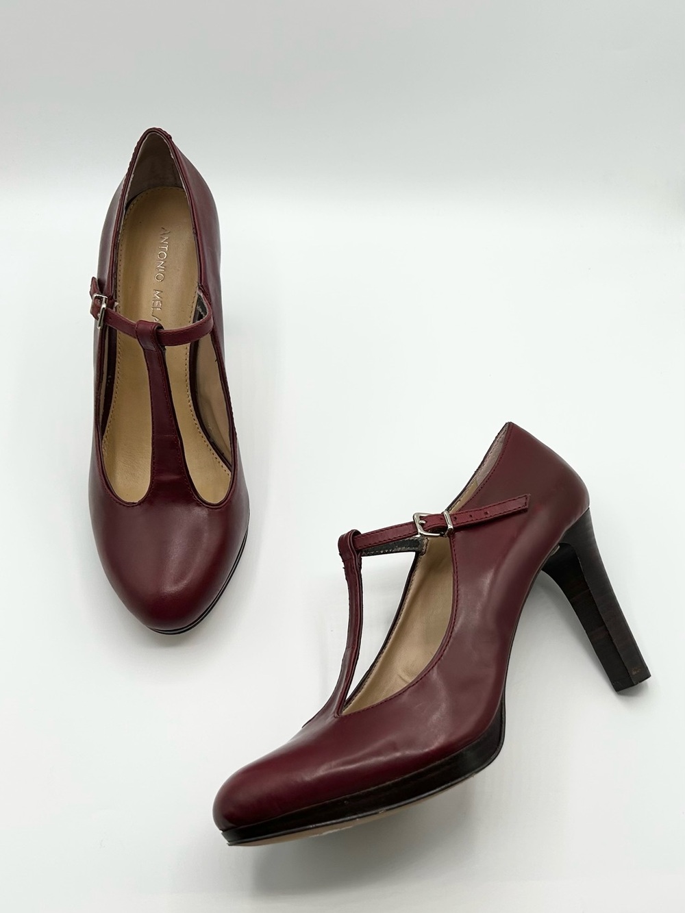 Antonio Melani Wine Red Maroon Leather T Strap Heels Women’s Size 8.5
